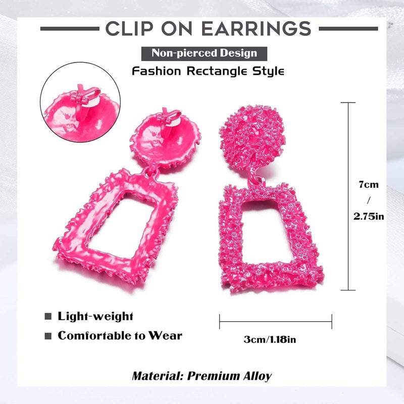 Jstyle Gold Statement Clip On Earrings for Women, Big Rectangle Geometric Dangle Clip Earrings Fashion Large Gold Silver Hot Pink Drop Earrings for Women Non Pierced - Image 4
